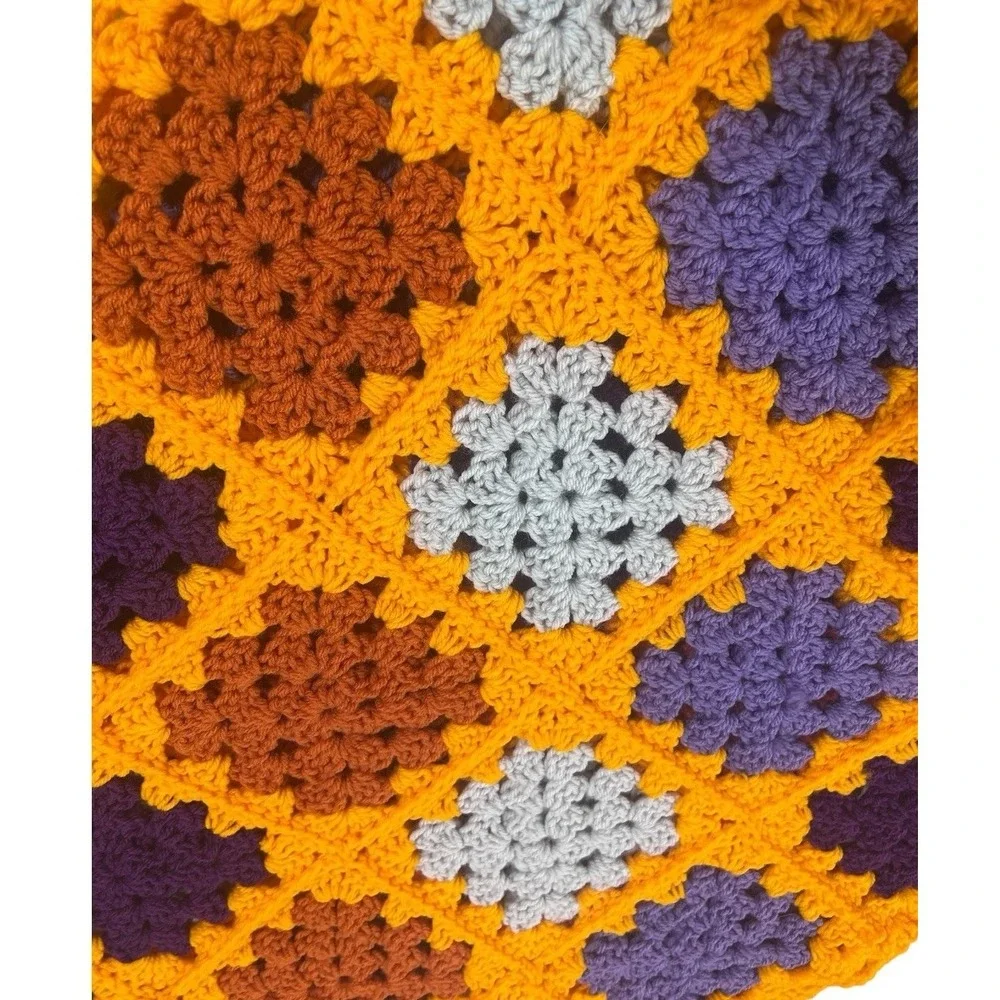 Granny Square‎ Orange Purple Gray Crochet 54x24 Handmade Throw Blanket